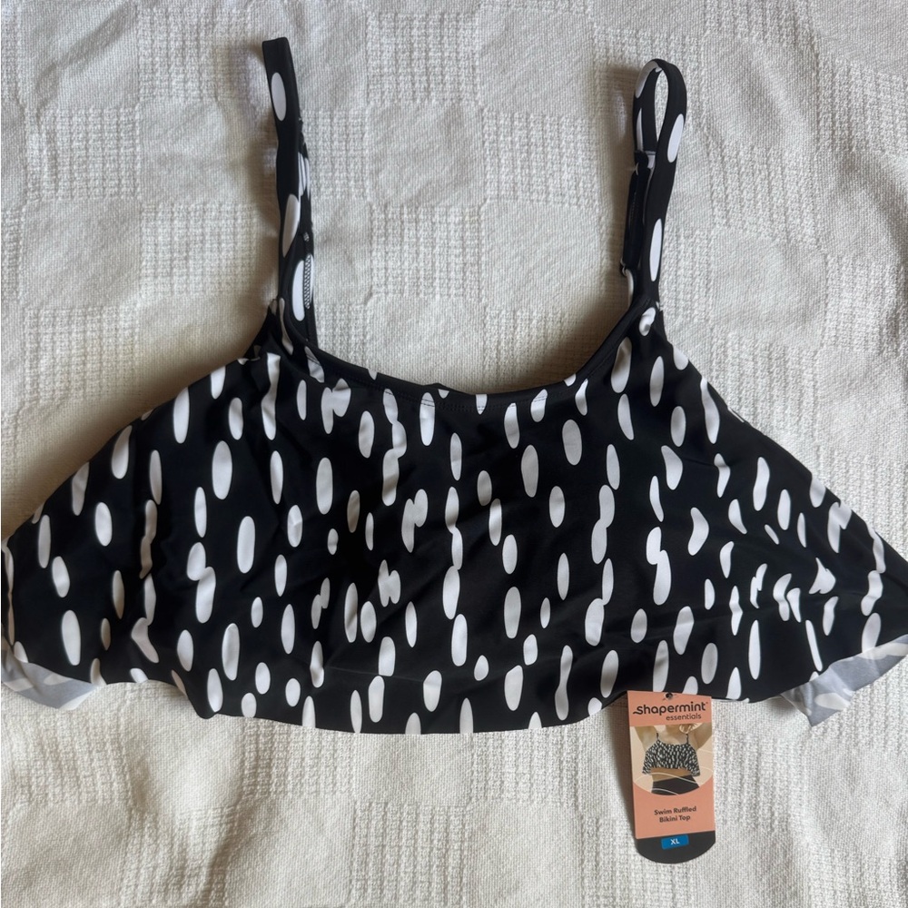 Shapermint Swim Ruffled Bikini Top | Black & White Polka Dot | Size XL | NWT